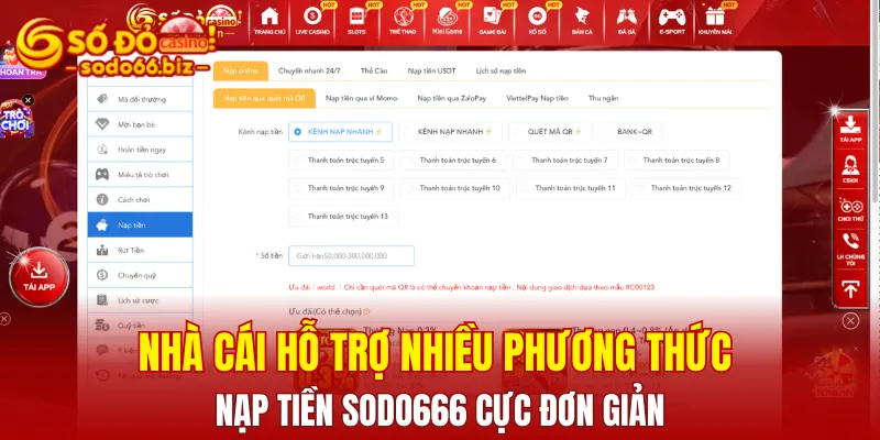 Nạp Tiền Sodo66 1 Nhà cái hỗ trợ nhiều phương thức nạp tiền Sodo666 cực đơn giản
